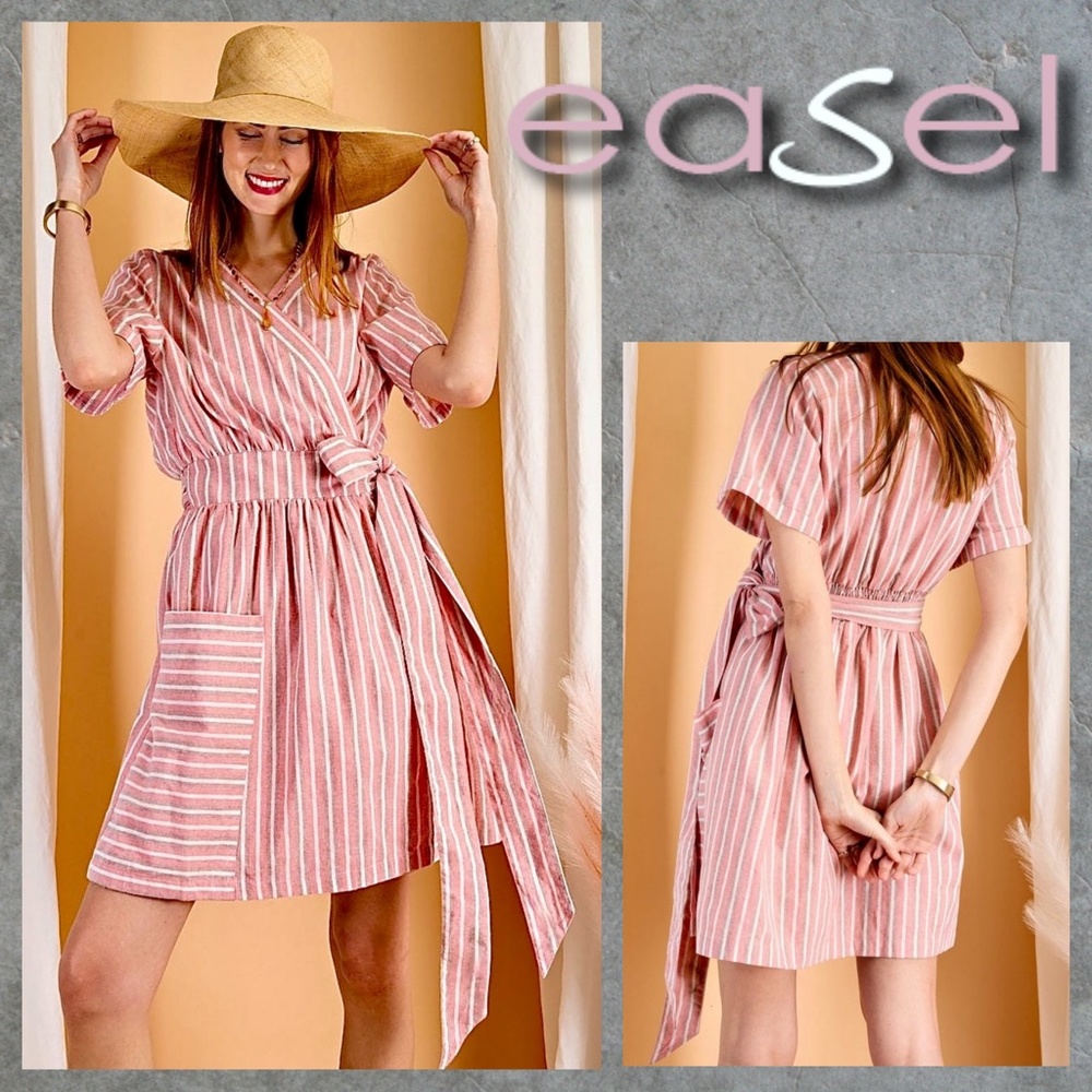 Easel “Endless Summer” Linen Look Striped Full Wrap Dress W/ Long Statement Tie